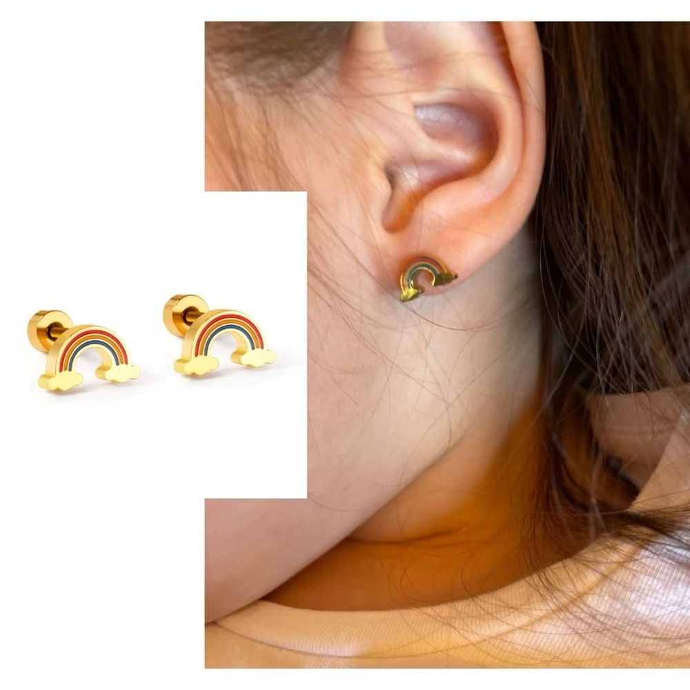 18k Gold Plated Stainless Steel Rainbow Post Stud Earrings Hypoallergenic - Picture 3 of 5